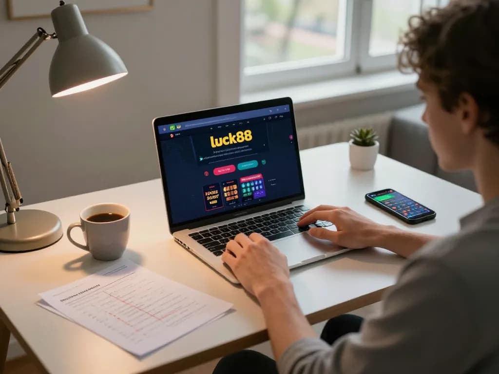 Engaging with luck88 games on a laptop in a cozy home office setting, showcasing strategic betting.