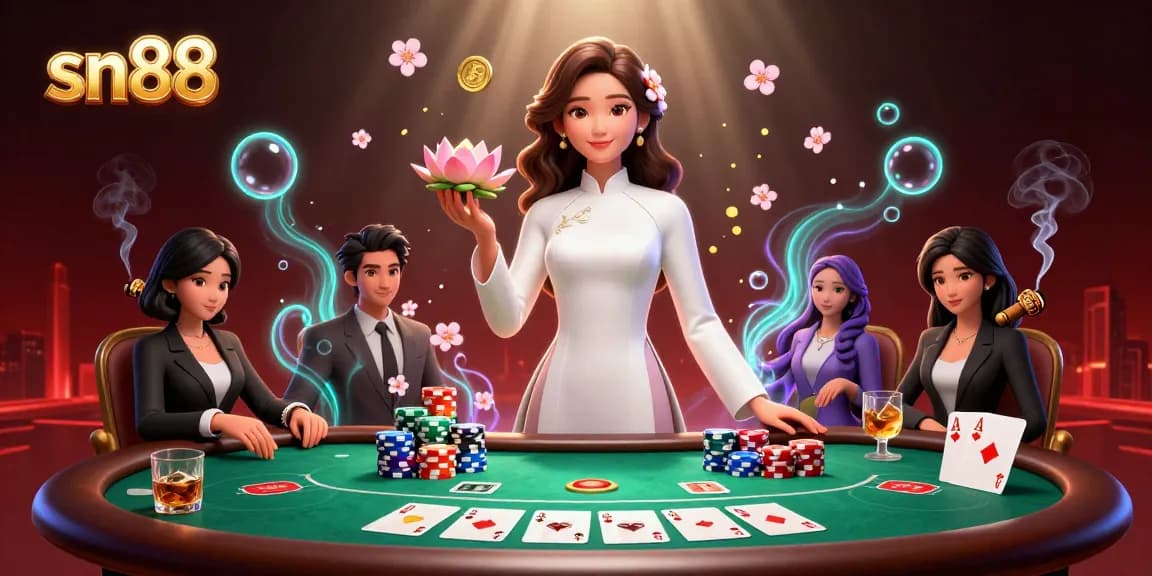 Experience top-tier gaming at sn88 with an elegant woman amidst poker tables and vibrant casino elements.