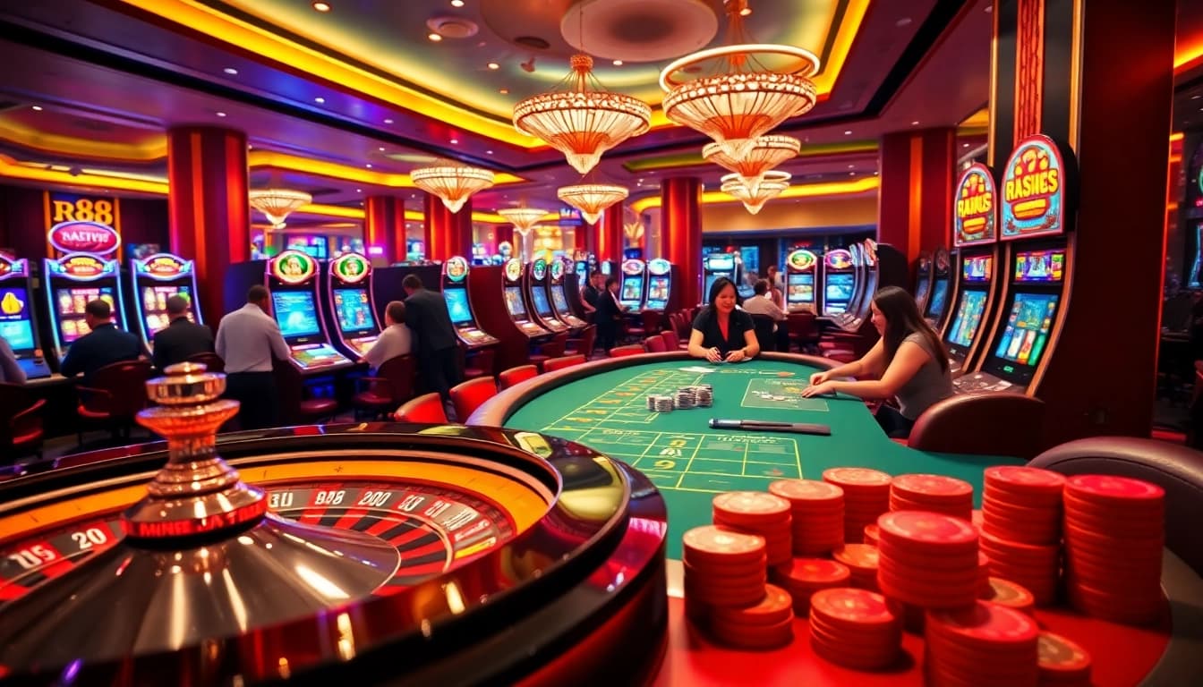 Exciting gaming scene at rr88 casino with poker tables, roulette wheel, and vibrant slot machines.