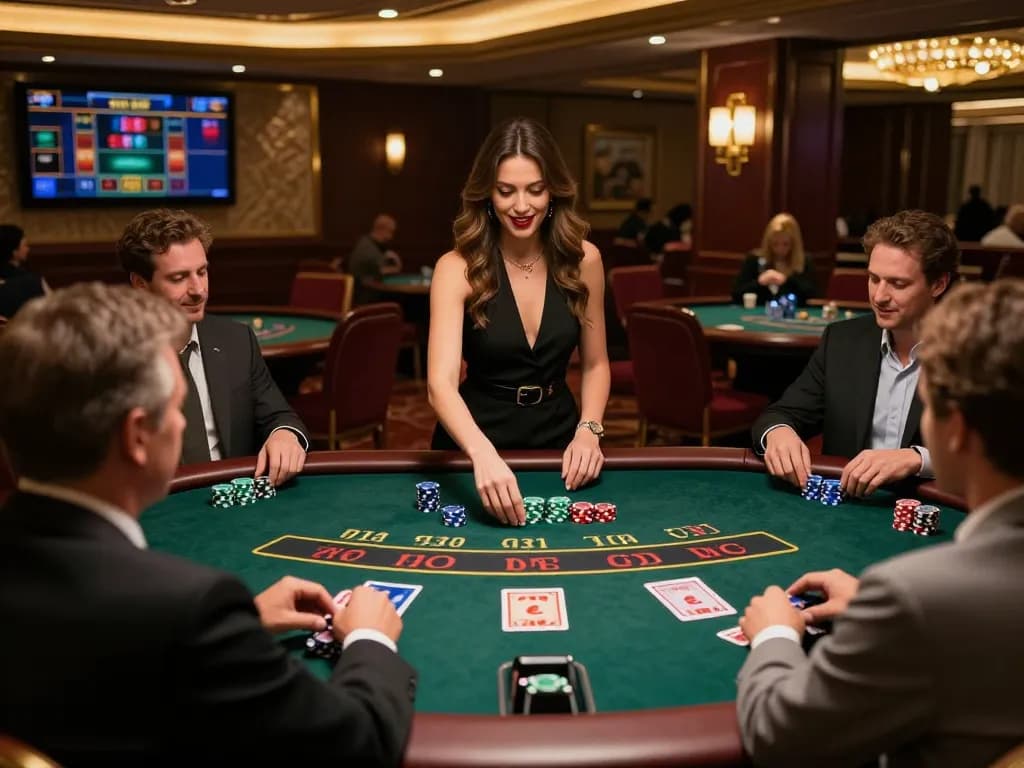 Nohu90 players placing bets in a live dealer casino, blackjack game in action with a beautiful dealer.