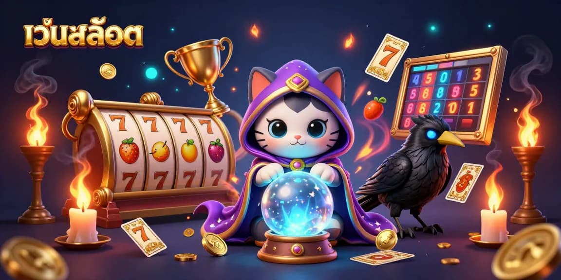 Engage in เว็บสล็อต action with a vibrant 3D illustration of cat and raven fortune tellers amidst thrilling slot elements.