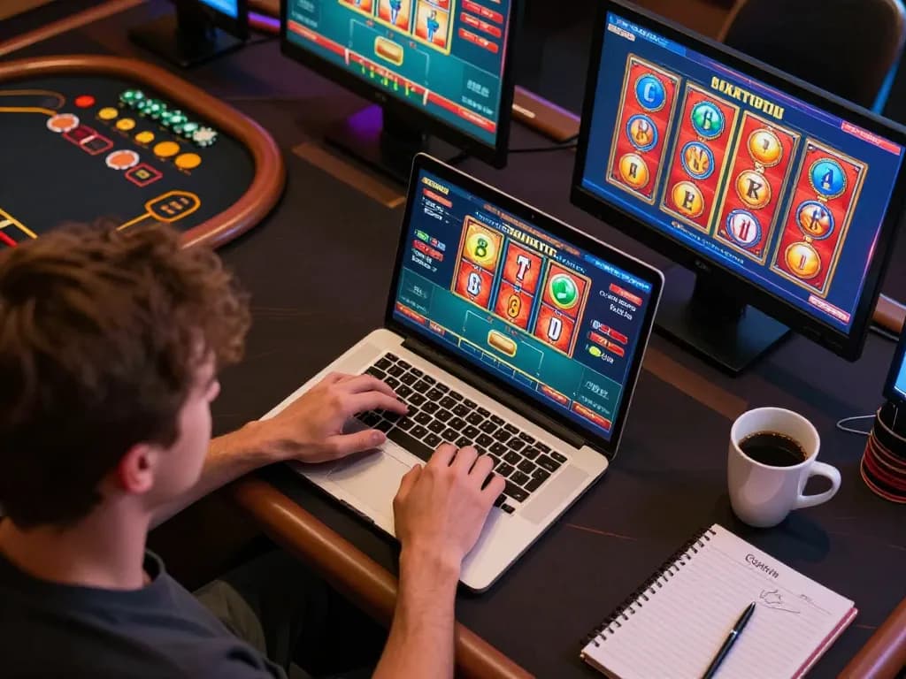 Engaging online gaming with Go99 laptop setup, showcasing vibrant poker and slots.