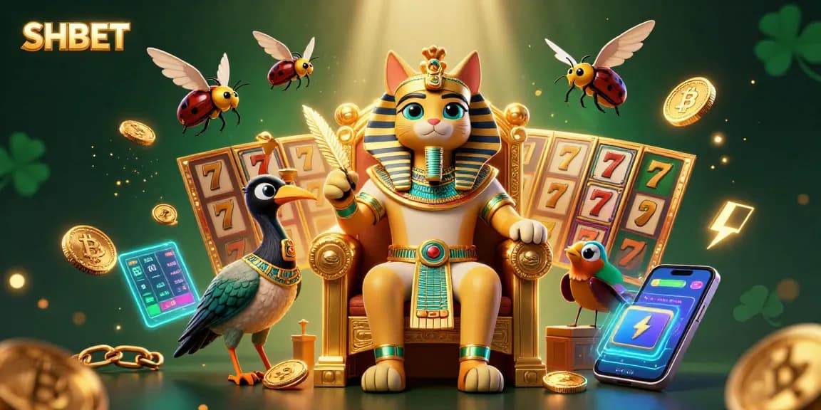 Play exciting slots at SHBET with thrilling jackpots and vibrant 3D illustrations of a pharaoh cat.