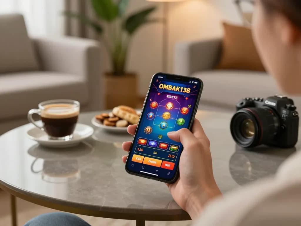 Gameplay aplikasi Ombak138 di smartphone dalam lingkungan rumah yang stylish, menyoroti permainan yang bertanggung jawab.