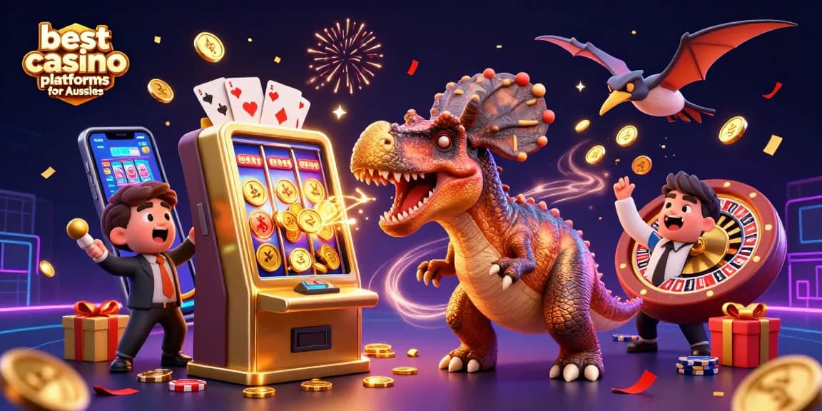 Engaging scene showcasing the best casino platforms for Aussies with golden coins and vibrant casino elements.