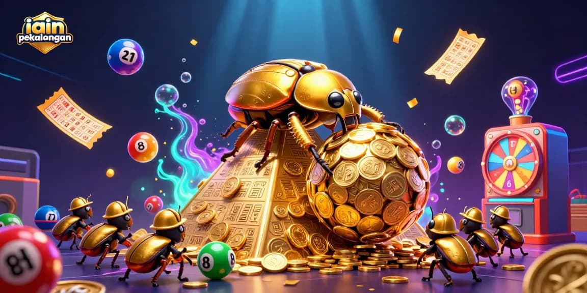 Watch as the iain pekalongan-themed golden dung beetle rolls a treasure of coins through a vibrant gambling scene.