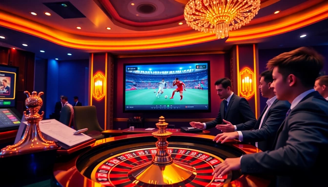 Engaging scene of gamblers placing bets on a football match at BK8, highlighting แทงบอล excitement.