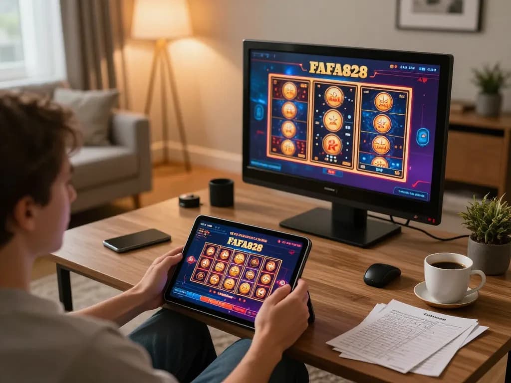 Engaging in online gaming with FAFA828 on tablet while enjoying a cozy home environment