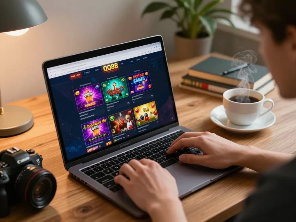 Engaged player placing bets on QQ88 online casino platform from home office.