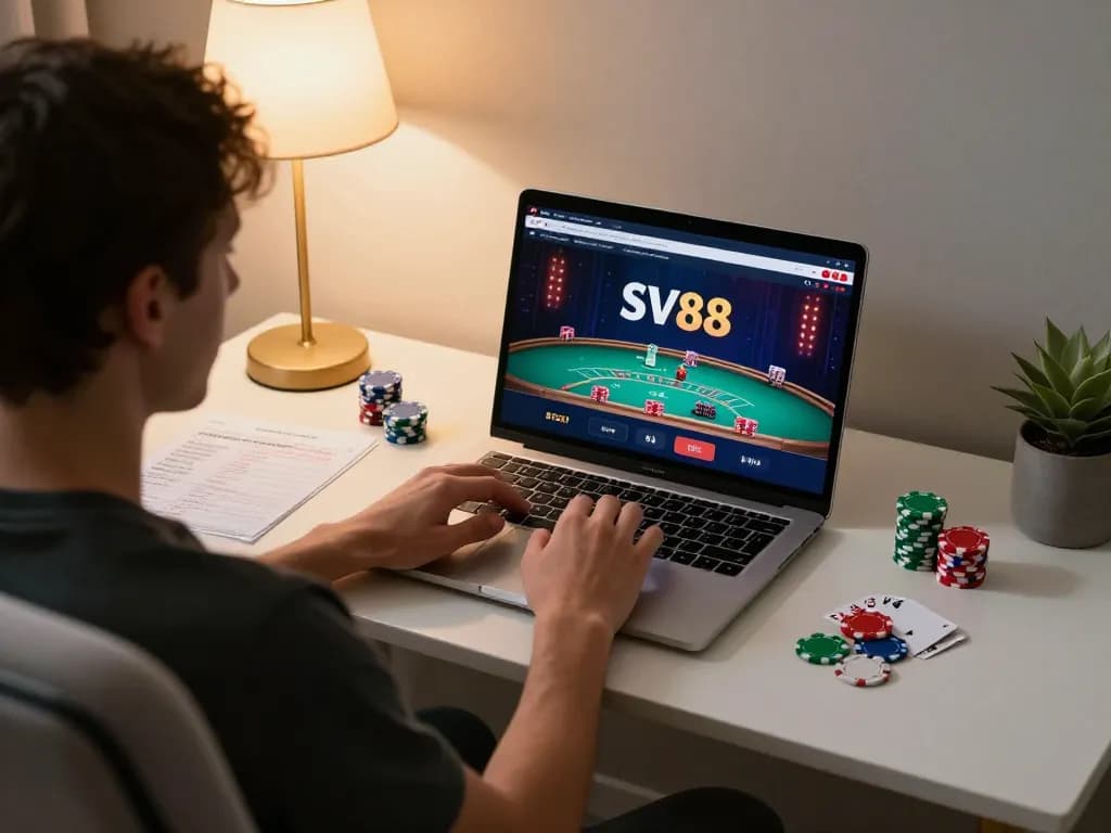 Player engaging with SV88 online casino on a laptop, showcasing strategy notes and colorful poker chips