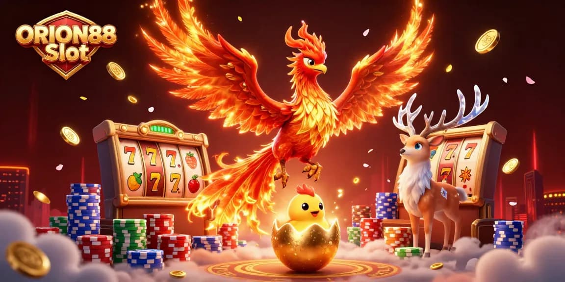 Engage with ORION88 Slot as a phoenix soars, colorful slot reels spin, and vibrant casino elements surround.