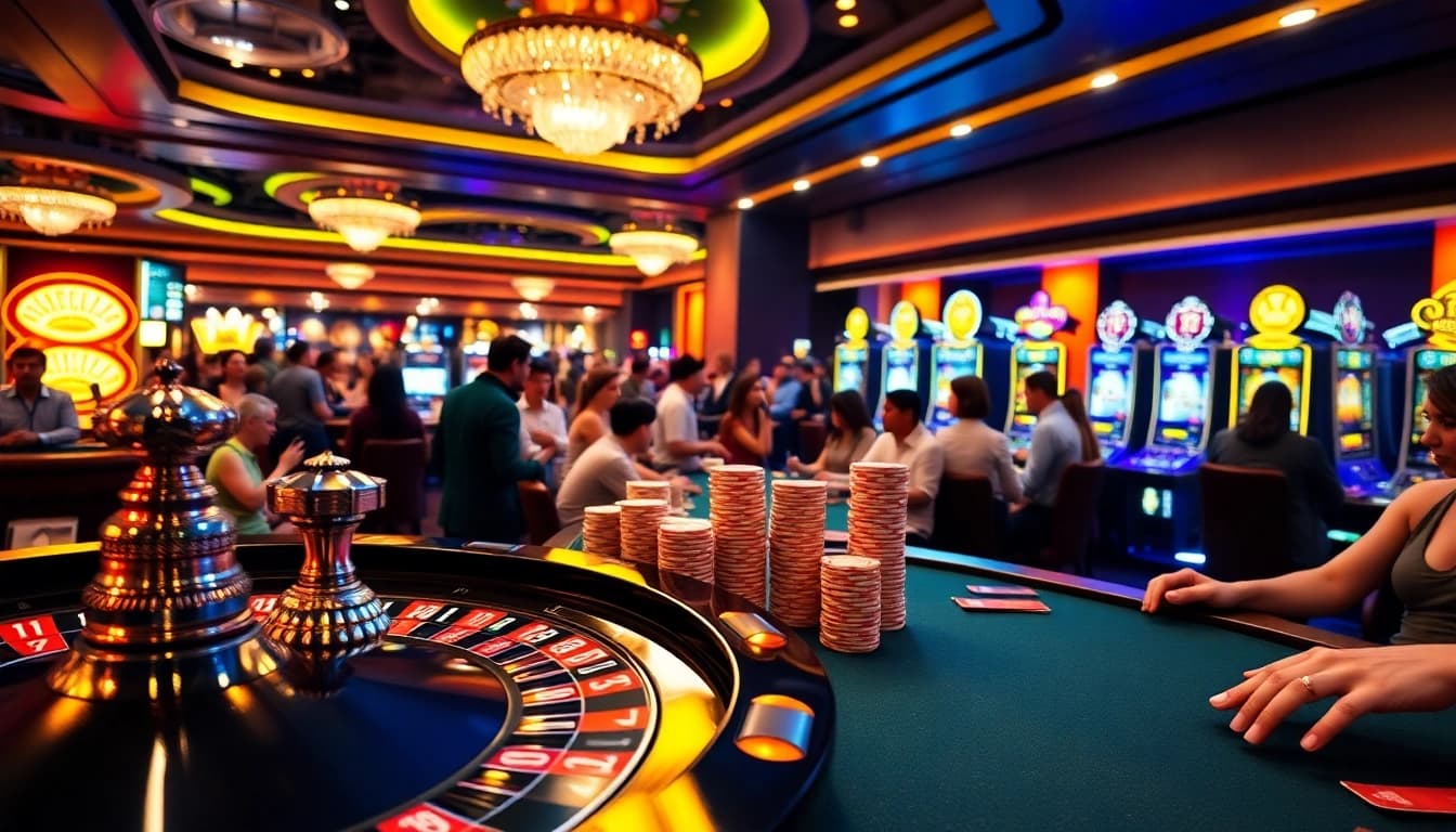 Players enjoying high-stakes games at 13Win's vibrant casino, showcasing poker chips and roulette.