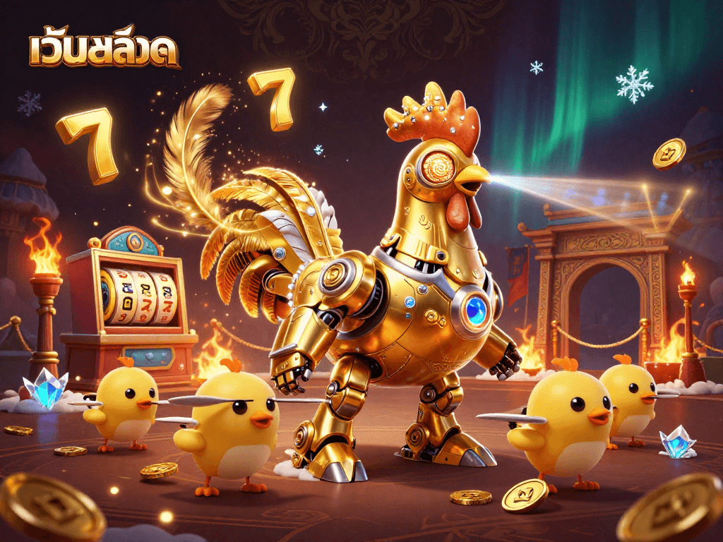 Experience thrilling เว็บสล็อต action with a golden rooster robot and playful chick drones in a dynamic gaming scene.