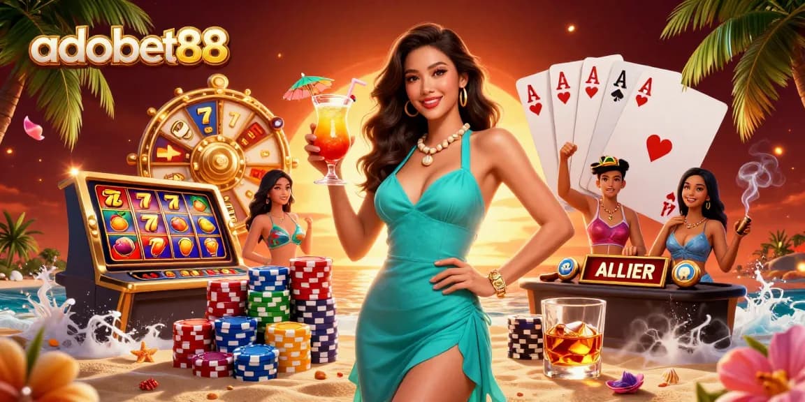 Win big with adobet88 in a vibrant digital casino setting featuring slots and poker elements.