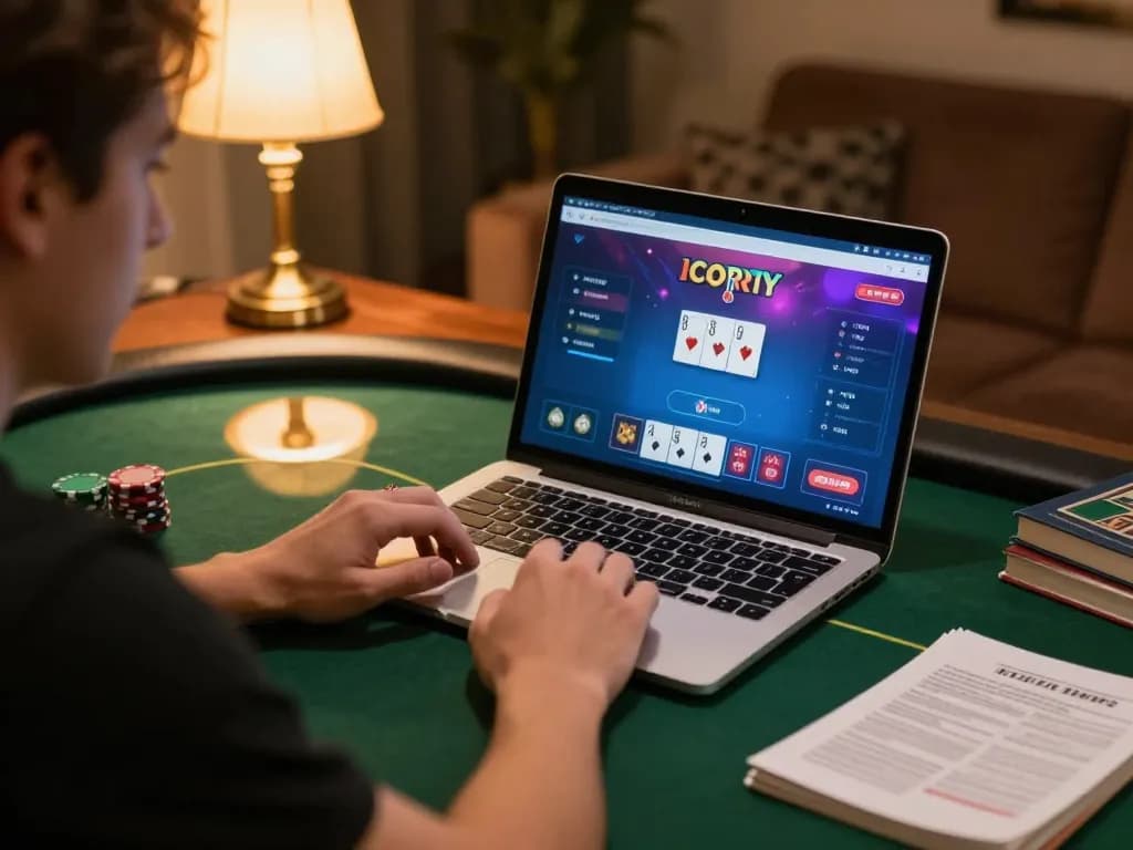 Kuwin player strategizing during an online poker game with laptop displayed.