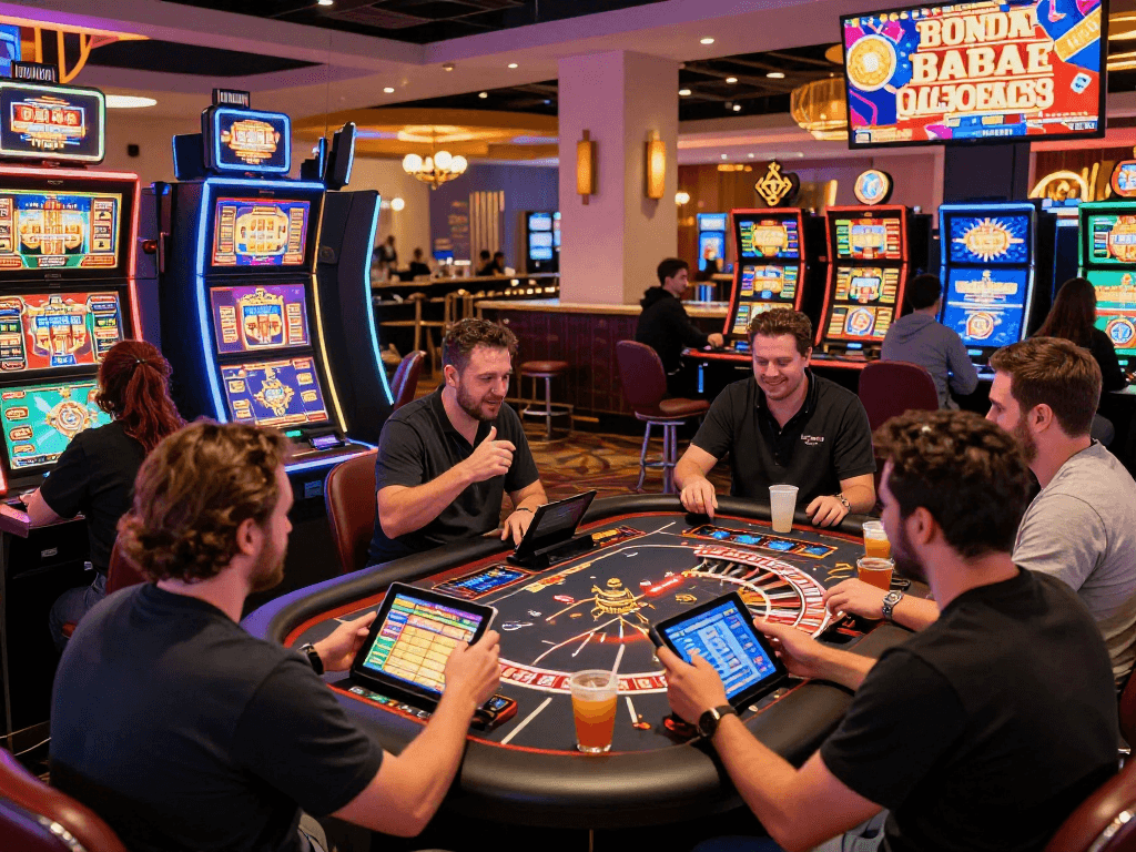 Exciting scene of UK players enjoying USA online casinos, featuring diverse gaming stations, vibrant atmosphere, and engaging live dealer setups.