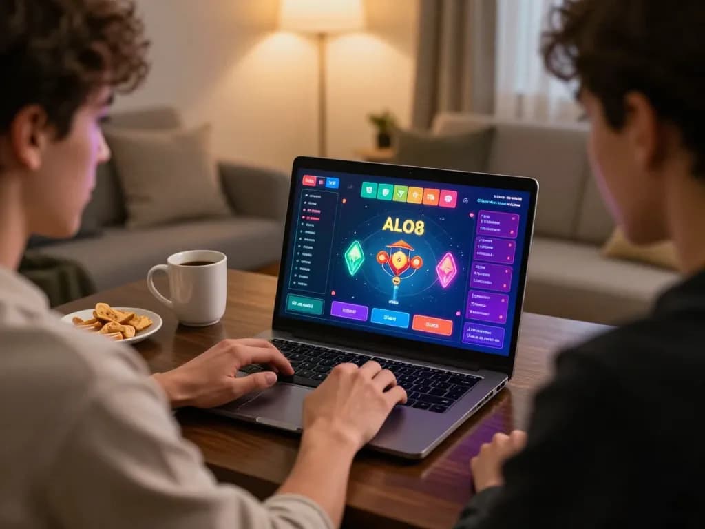 Gamer engaging with ALO8 online casino on a laptop, enjoying strategic gameplay in a cozy home setting