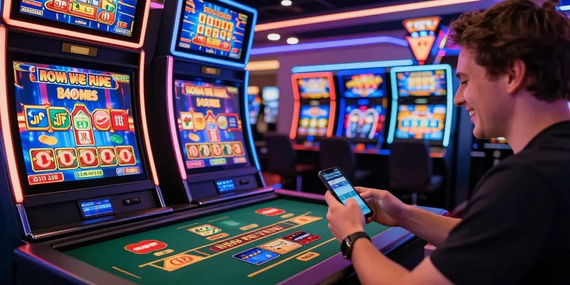Exciting atmosphere at a credit card casino with player checking bonuses on a smartphone while enjoying vibrant slot machine games.