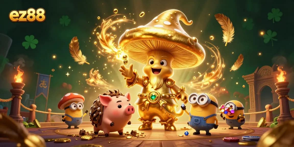 Join the magical adventure with ez88, where a golden wizard and friends uncover treasures in a casino realm!