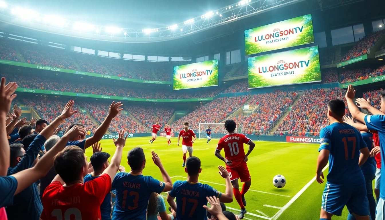 Exciting football match scene with fans celebrating on Luongsontv platform