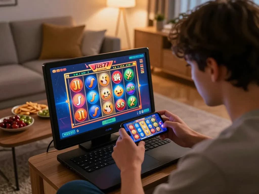 Permainan yang mengasyikkan di slot mobile jus77 saat seorang pemain memutar untuk menang dari rumah