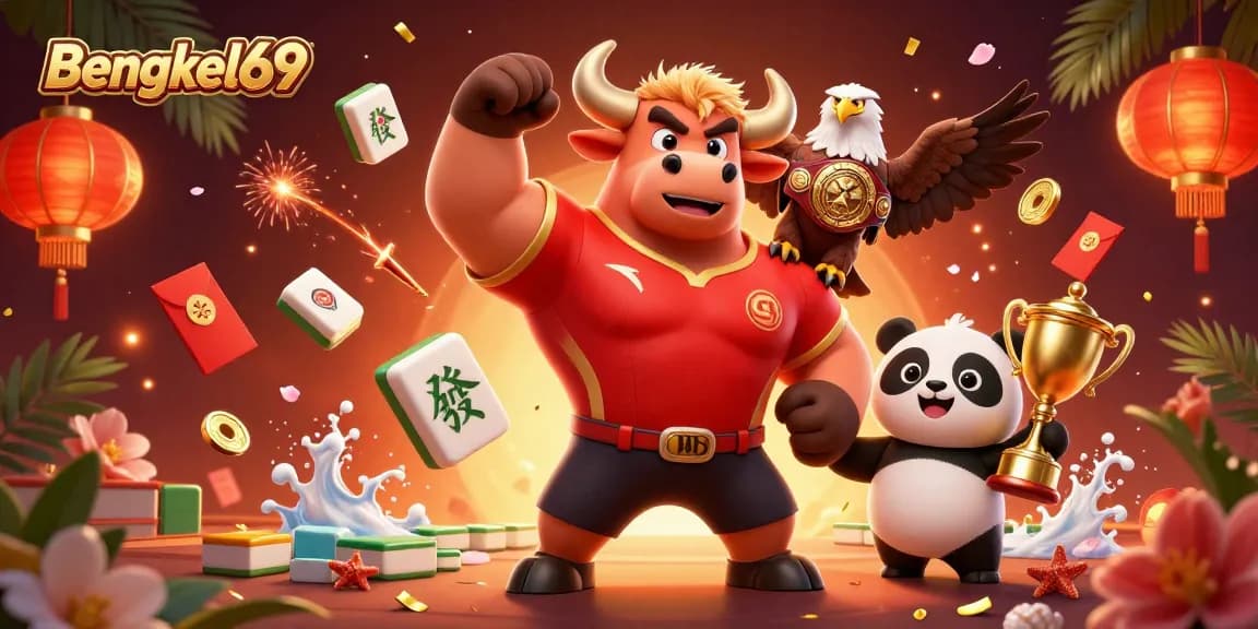 Experience big wins at Bengkel69 with vibrant 3D characters celebrating casino success surrounded by festive elements.