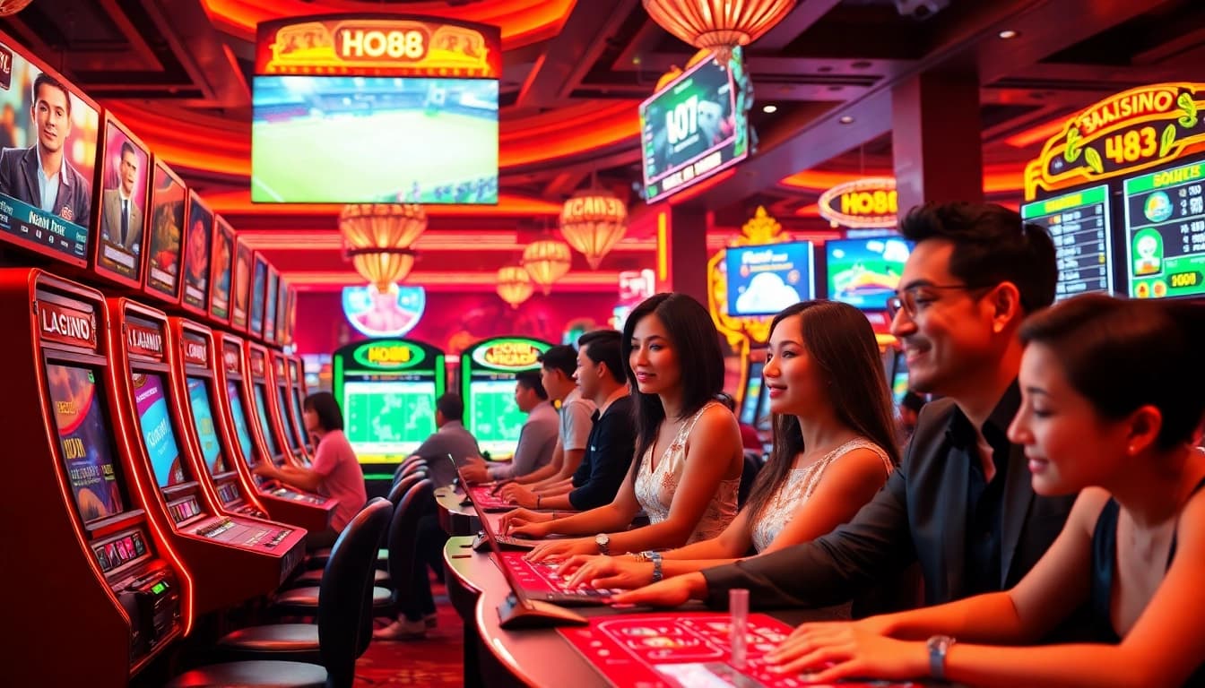 Engaging scene of players at Ho88 online casino, showcasing excitement and vibrant game interactions.