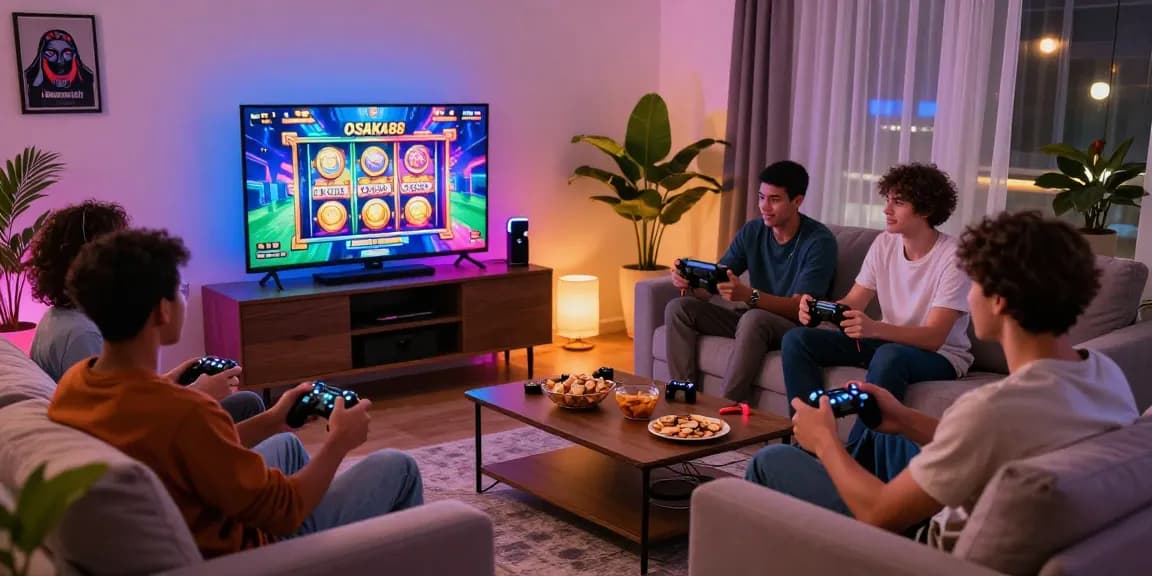 Group enjoying OSAKA88 slot gaming experience in a vibrant living room.