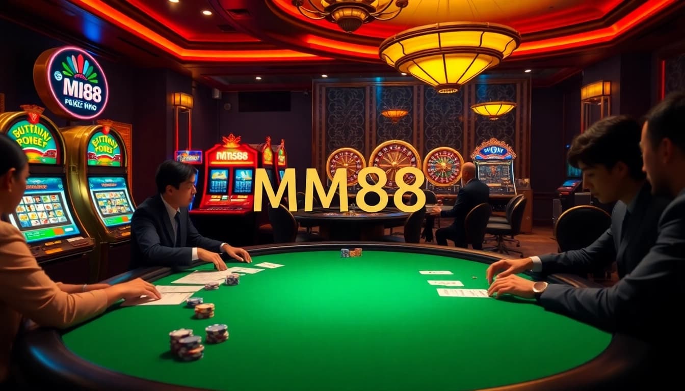 The thrilling atmosphere of MM88 casino with players at a poker table surrounded by vibrant slot machines.