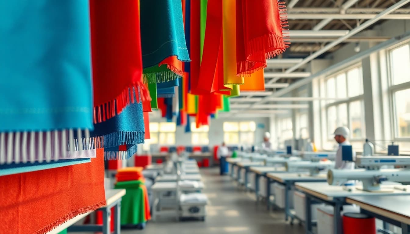 Showcasing a Custom Apparel Manufacturer's vibrant fabric samples in a modern workshop setting.