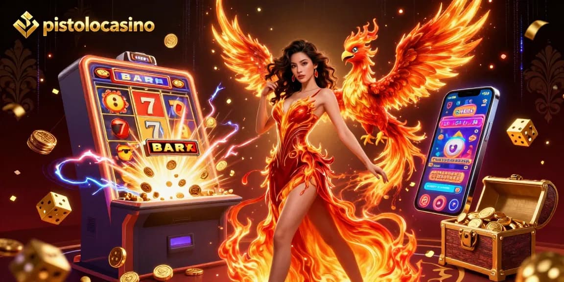 Pistolo Casino showcases vibrant gameplay with a stunning Asian woman and a fiery phoenix in an energetic casino scene.