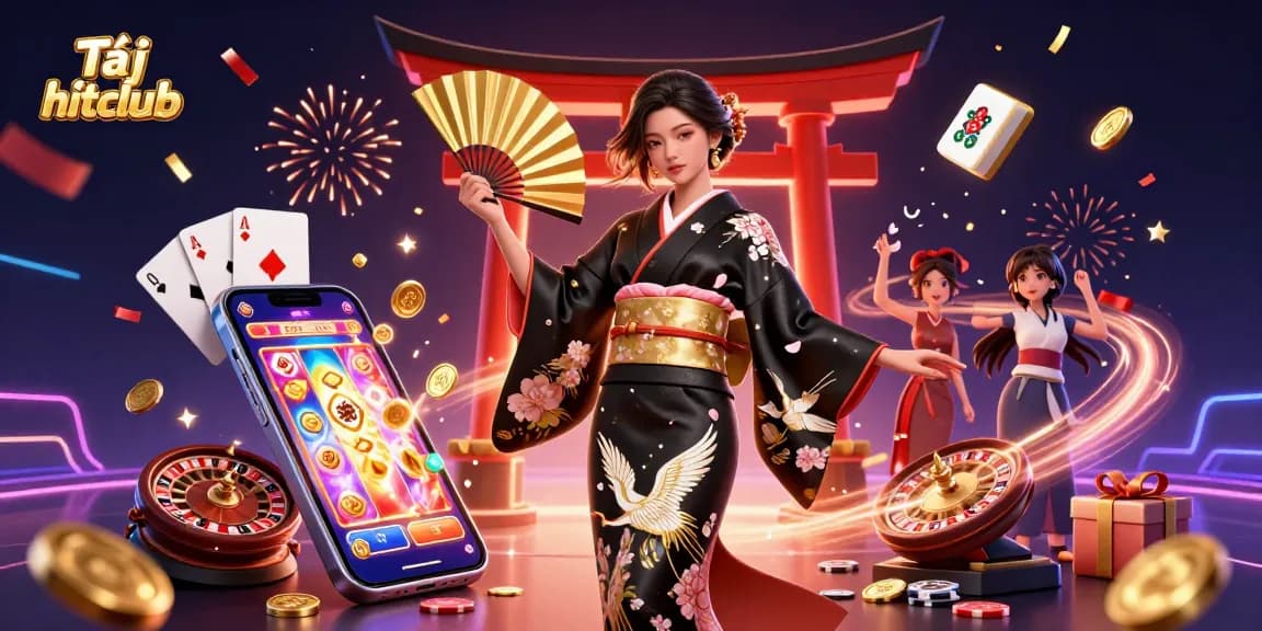 Tải hitclub immersive experience with a smiling Asian woman, slot games, and golden coins in an engaging casino scene.