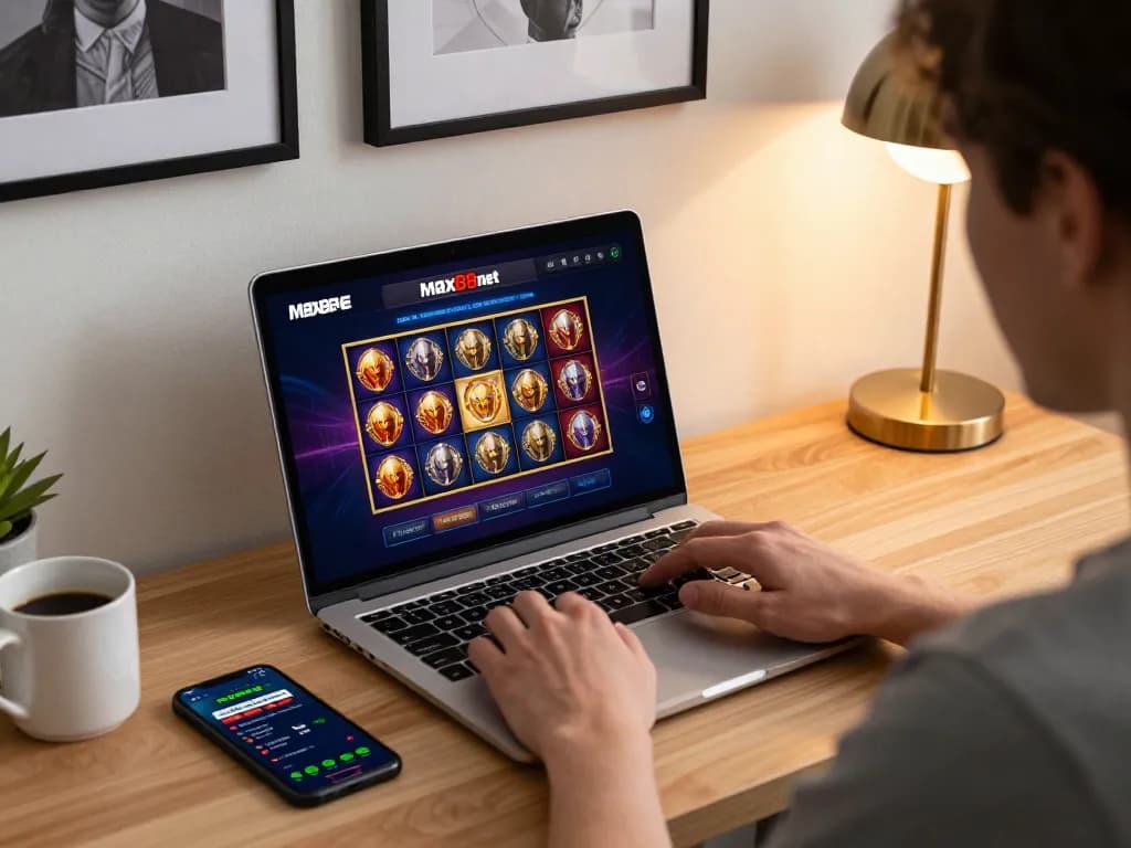 Player enjoying an immersive max88net gaming session on a sleek laptop in a stylish home office.
