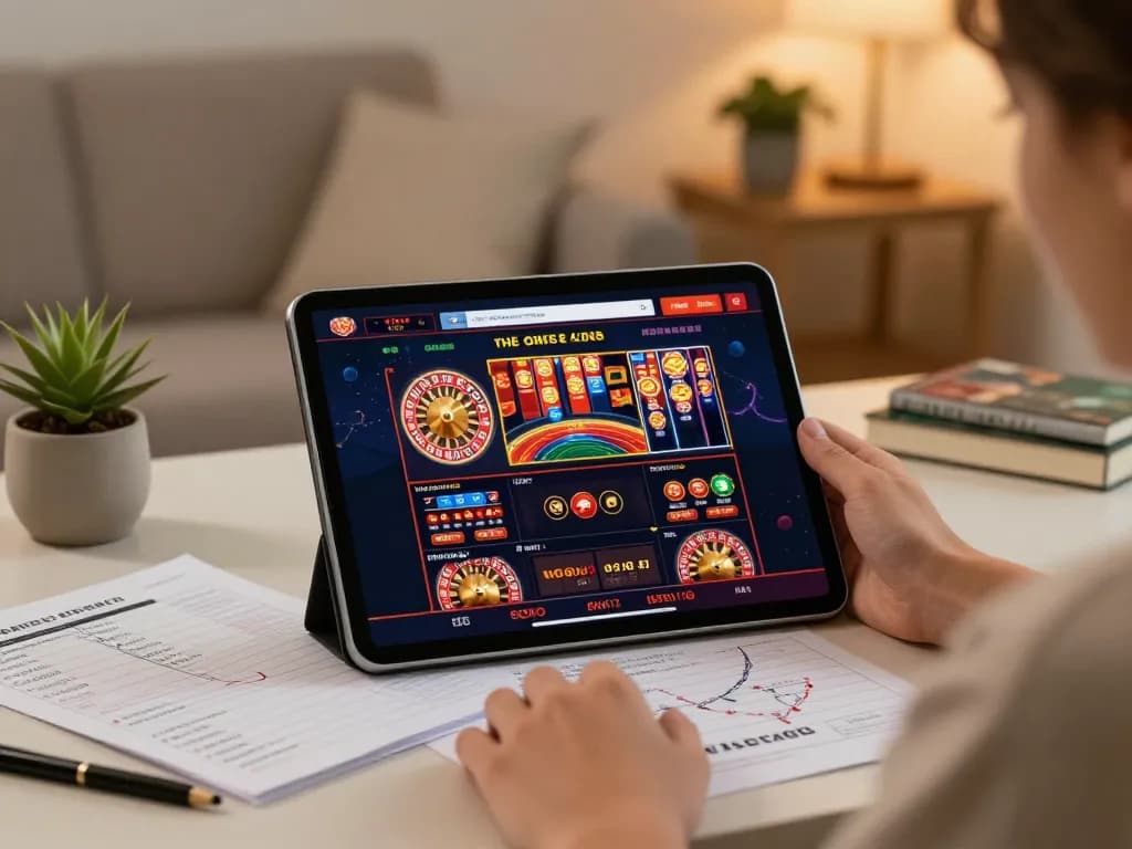 Engaged player exploring non gamstop casinos on a tablet in a cozy home setting.