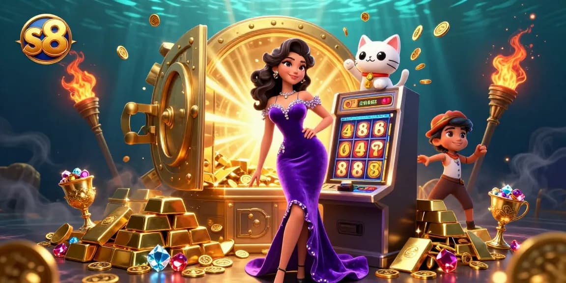 S8 jackpot celebration scene with a glamorous woman and lucky fortune cat, vibrant casino elements.