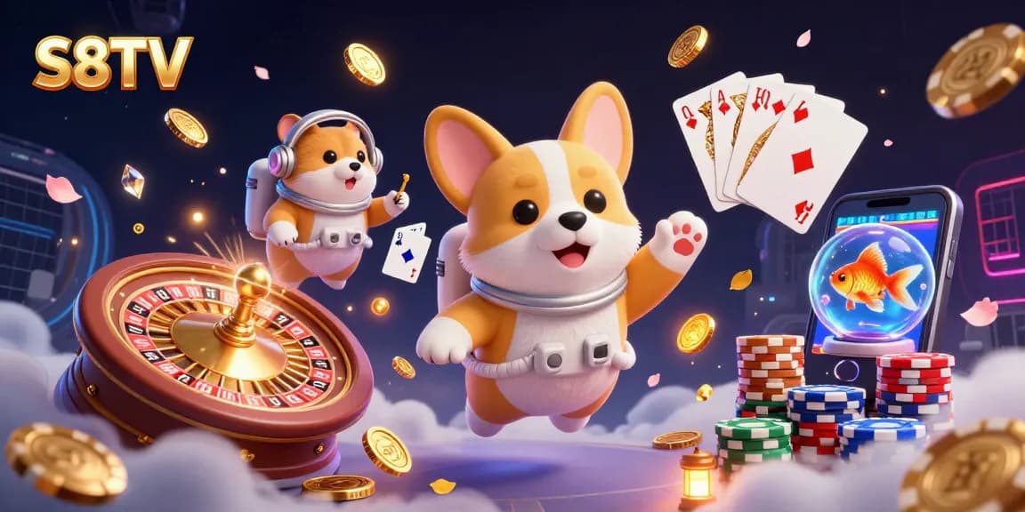 Bet big on S8TV with thrilling 3D space-themed casino illustration showcasing a corgi astronaut and winning features.