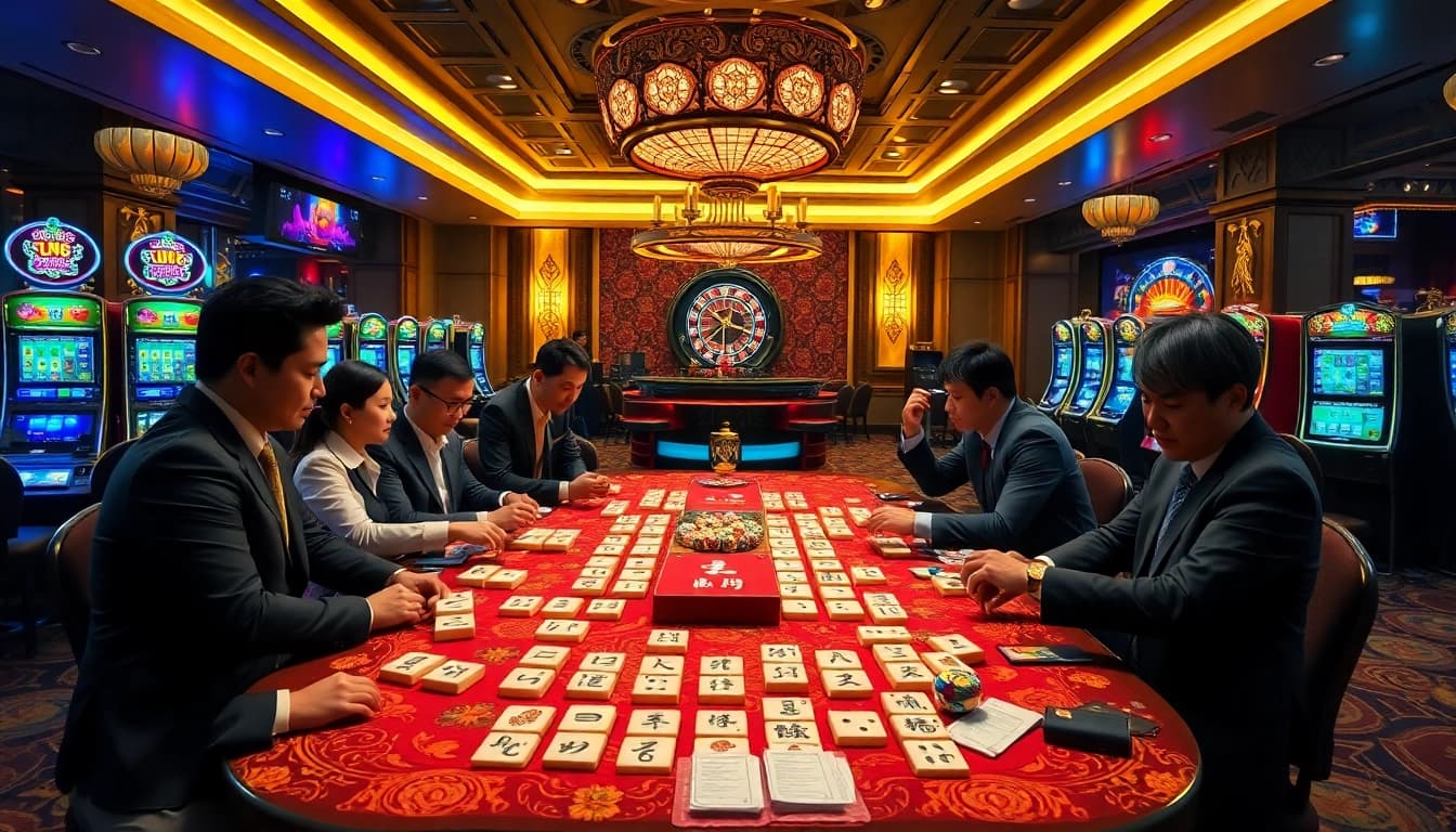 Pemain Mahjong di meja kasino mewah, menyoroti kegembiraan dan strategi.