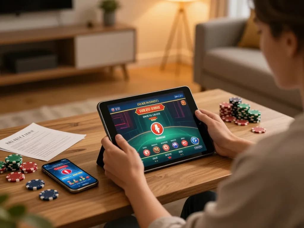 Person enjoying online casino game on tablet with TT88 strategy notes around, showcasing modern home ambiance.