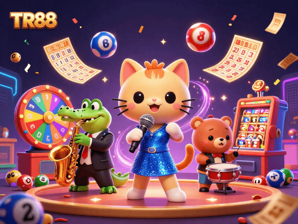 Join the excitement at TR88 with a vibrant casino scene featuring musical characters, dynamic lottery elements, and rich visuals.