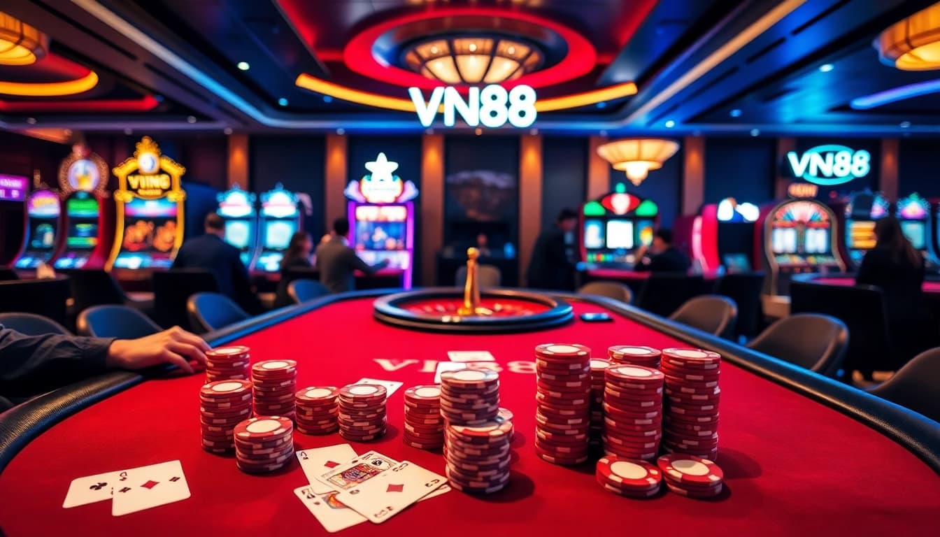 Exciting gambling experience at VN88 with poker and slot machines in a luxurious casino setting