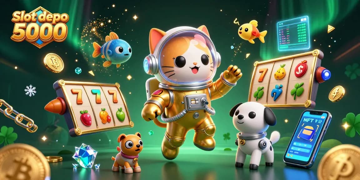 Experience Slot depo 5000 with a vibrant 3D illustration featuring unique gaming elements and characters.
