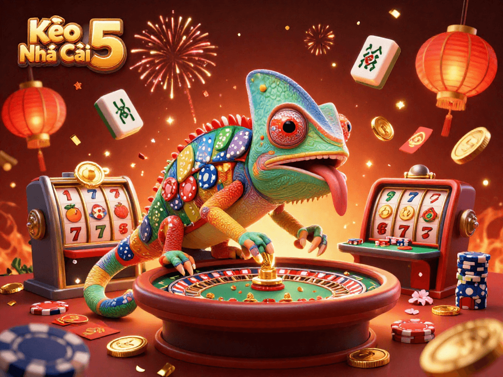 Kèo Nhà Cái 5 showcases a vibrant 3D scene with a colorful chameleon casino owner and slot machines amidst celebratory elements.