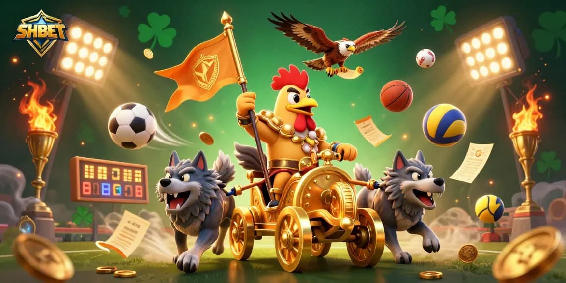 Engage with SHBET's exciting online betting world featuring a dynamic cartoon rooster warlord on a golden war chariot.