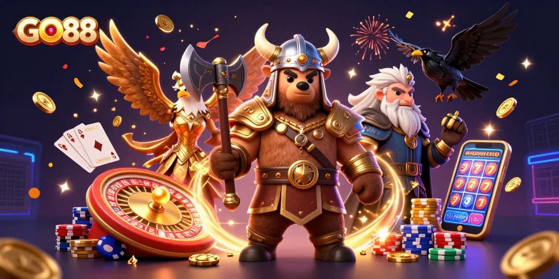 Experience GO88 excitement with a vibrant 3D casino scene featuring animated characters and gaming elements.