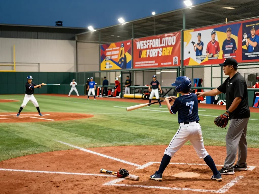 Hitclub athletes training in a vibrant baseball facility, showcasing teamwork and energy.