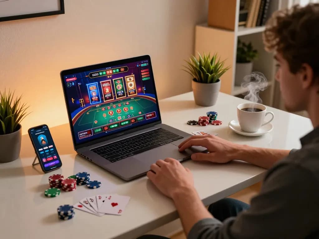 Player engaging with nhacaiuytin on a laptop, showcasing their online casino experience with chips and cards.