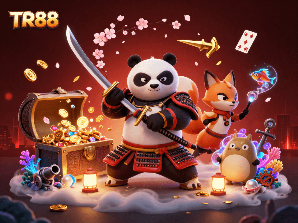 TR88 offers a vibrant 3D illustration showcasing a samurai panda and friends engaging in dynamic gaming elements.