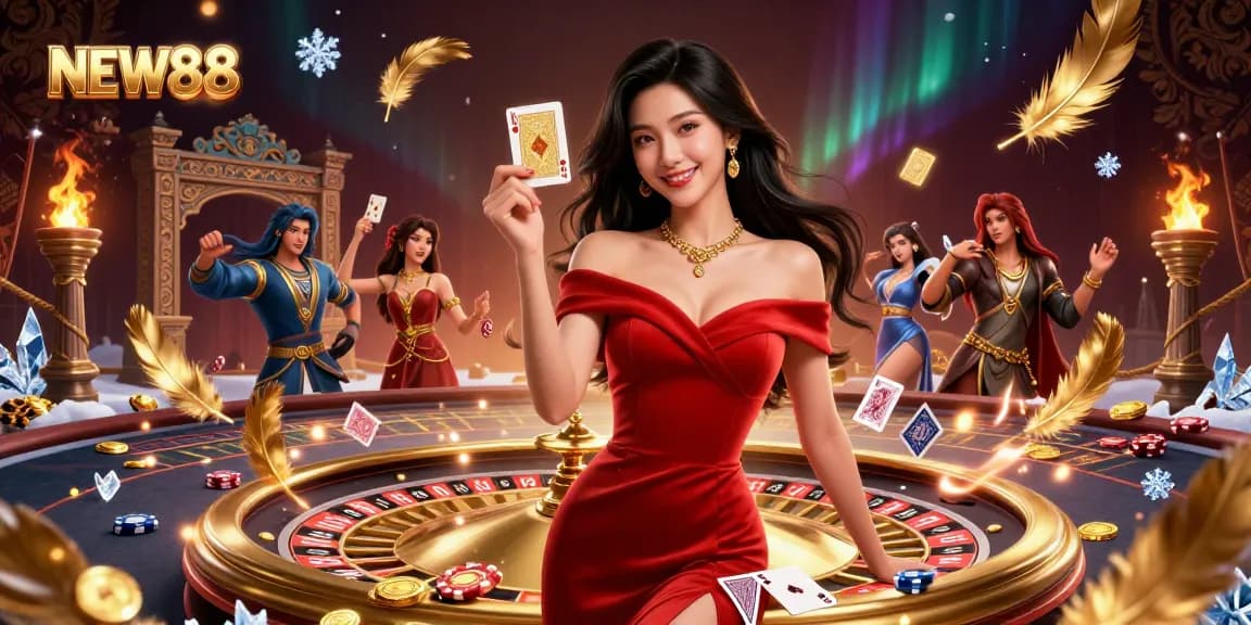 Experience luxury gaming at NEW88 with stunning visuals of a confident woman holding a winning card.