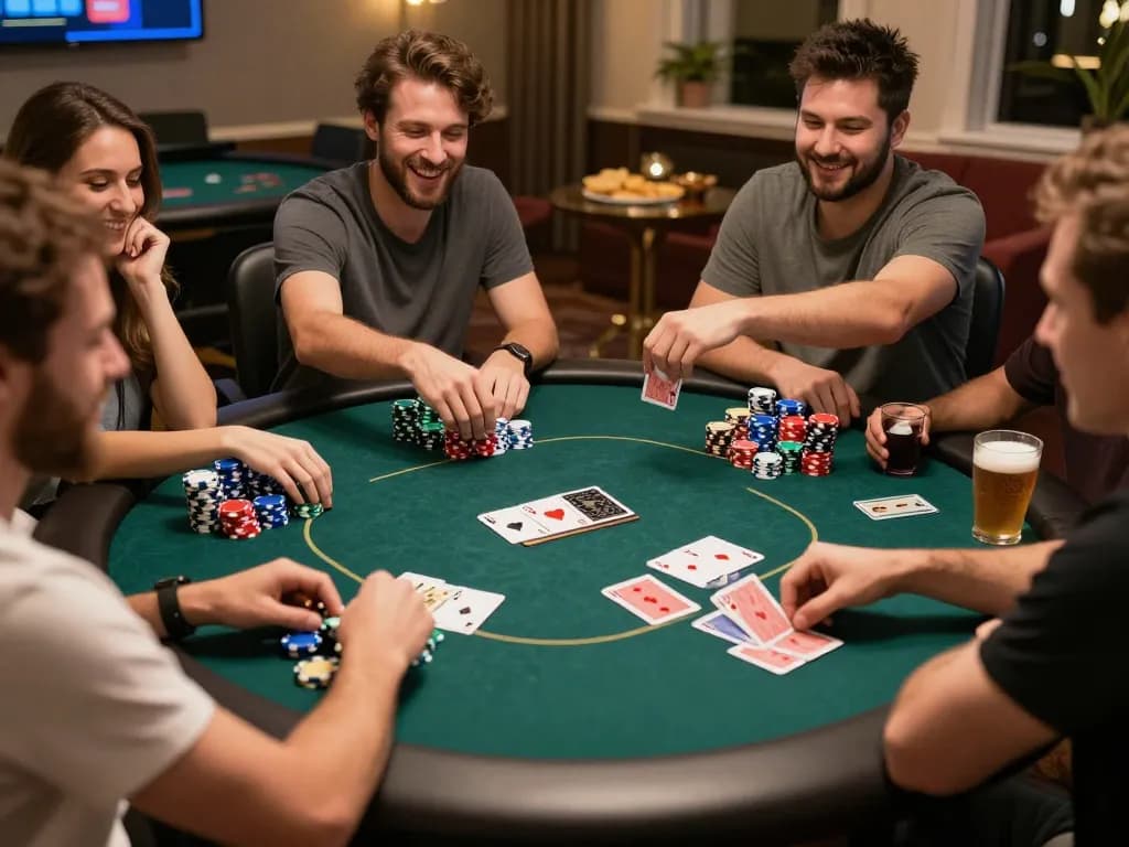 Teman-teman merayakan kemenangan saat bermain poker di rumah, mewakili suasana permainan yang hidup di Planet77.