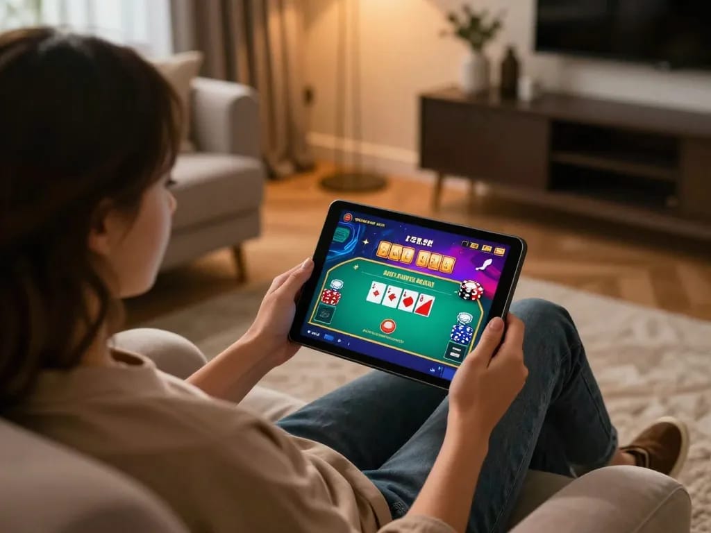 Engaging online poker gameplay on cm88 displayed on tablet in a cozy living room setting